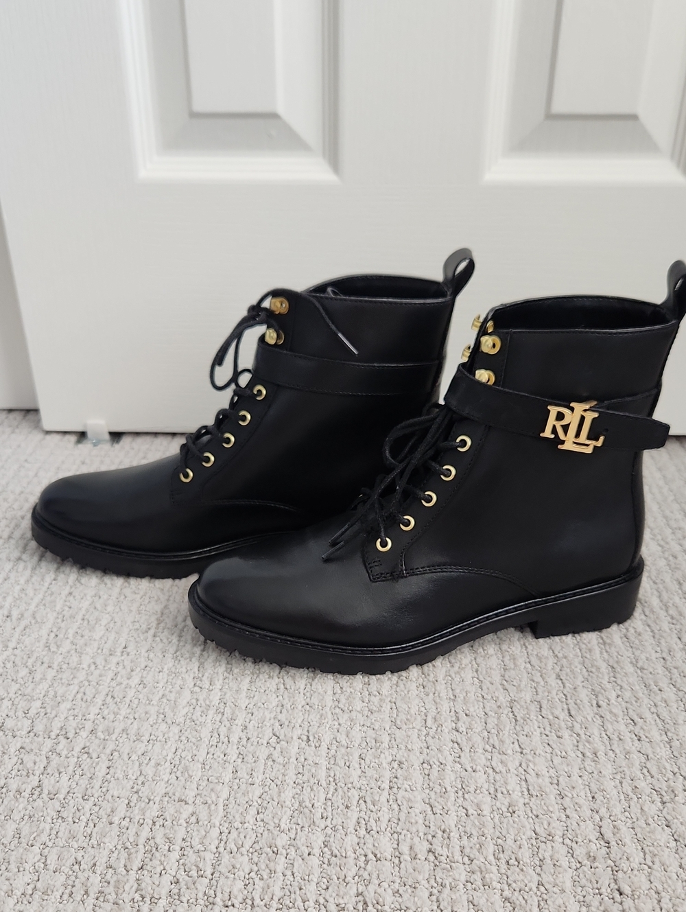 Ralph Lauren Black Leather Lace-Up Combat Boots with Gold RL Accent